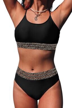 Black Leopard Mesh Trim  Bikini Swimsuit Set New Size Small